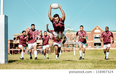 Rugby, athlete on field and sports game with men, team running and player score a try with ball, fitness and active outdoor. Exercise, championship match and teamwork with cheers, action and energy Rugby, athlete on field and sports game with men, team running and player score a try with ball, fitness and active outdoor. Exercise, championship match and teamwork with cheers, action and energy 138907324