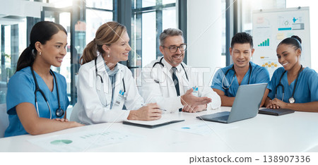 Doctor, team and meeting with laptop in conference for medical discussion or consultation at the hospital. Healthcare professionals on a video call in teamwork communication on computer at the clinic Doctor, team and meeting with laptop in conference for medical discussion or consultation at the hospital. Healthcare professionals on a video call in teamwork communication on computer at the clinic 138907336