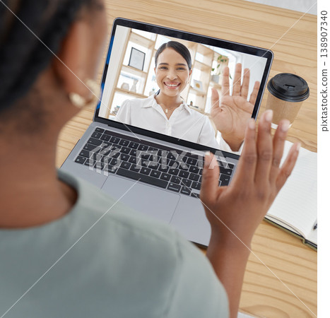 Video call, wave and employees in a meeting for business, marketing and networking on a laptop at a desk in the office at work. Manager greeting on pc screen during virtual webinar with worker Video call, wave and employees in a meeting for business, marketing and networking on a laptop at a desk in the office at work. Manager greeting on pc screen during virtual webinar with worker 138907340