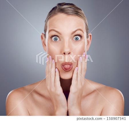 Skincare, beauty and portrait of woman with tongue out in studio for makeup, cosmetics and wellness. Female model, funny face and expression for facial aesthetic, glow and emoji on background Skincare, beauty and portrait of woman with tongue out in studio for makeup, cosmetics and wellness. Female model, funny face and expression for facial aesthetic, glow and emoji on background 138907341