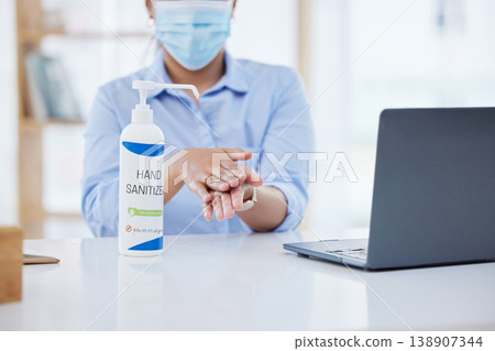 Covid, business woman at desk and hand sanitizer for hygiene and safety, protection against virus. Cleaning, laptop and health compliance of corporate, medical policy and clean working environment. 138907344