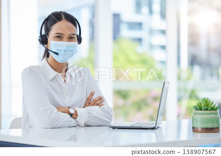 Covid, compliance and healthcare consultant in a call center with ready to help medical clients with insurance. Woman, employee and contact support worker in safety face mask with headset and mic 138907567