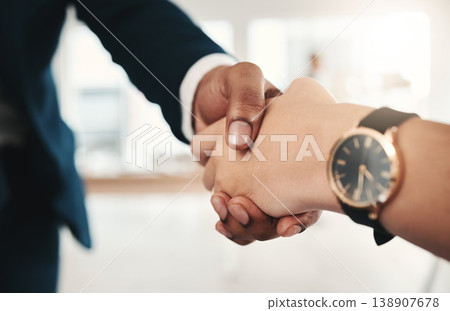Teamwork, handshake and partnership collaboration in office for contract, deal or onboarding. Thank you, welcome or business people shaking hands for hiring, recruitment or agreement, b2b or greeting 138907678