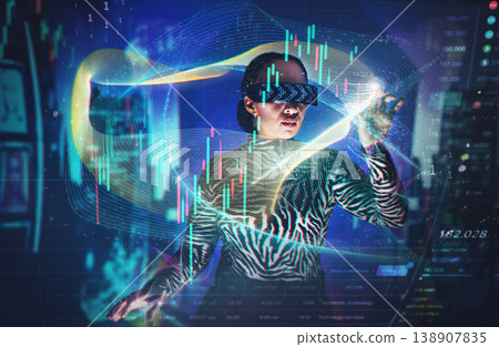 Metaverse, virtual reality glasses and woman with overlay for stock market digital transformation. Vr headset girl ar hologram with cyber 3d world for big data, future tech and trading infographics 138907835