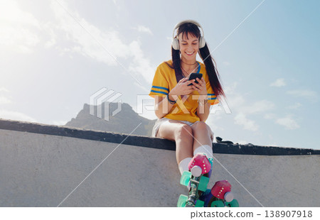 Relax, phone and music with woman and rollerblades for skating, streaming and social media app. Technology, headphones and sports with girl in skate park for internet, mobile radio and fitness Relax, phone and music with woman and rollerblades for skating, streaming and social media app. Technology, headphones and sports with girl in skate park for internet, mobile radio and fitness 138907918