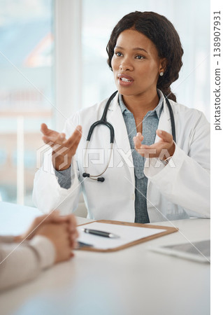 Doctor consulting, explaining diagnosis and medical checkup with patient in a clinic. Trusted healthcare worker, physician and gp screening, talking and discussing medicine, health and test feedback 138907931