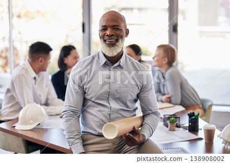 Black man, architect and portrait smile with blueprint in team planning for construction or building at office. African senior leader CEO contractor or engineer with floor plan in architecture Black man, architect and portrait smile with blueprint in team planning for construction or building at office. African senior leader CEO contractor or engineer with floor plan in architecture 138908002