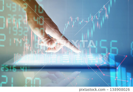 Finance, hand with tablet for digital hologram and network connection for accounting software. Overlay or economy, stock market or connectivity and hands of a person for programming app Finance, hand with tablet for digital hologram and network connection for accounting software. Overlay or economy, stock market or connectivity and hands of a person for programming app 138908026