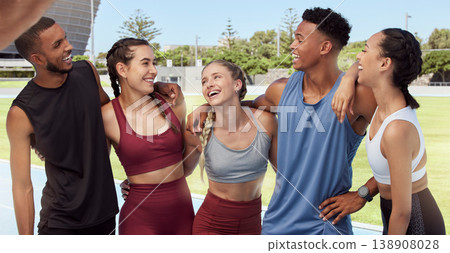 Fitness, friends and happy social team in sports, exercise or cardio workout at the stadium. Athletic people laughing enjoying conversation, friendship and communication in healthy wellness together Fitness, friends and happy social team in sports, exercise or cardio workout at the stadium. Athletic people laughing enjoying conversation, friendship and communication in healthy wellness together 138908028