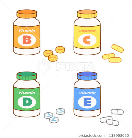 A set of four illustrations of vitamin supplement tablets and bottles | Health and nutritional supplements A set of four illustrations of vitamin supplement tablets and bottles | Health and nutritional supplements 138908050