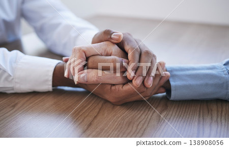 Closeup, holding hands and people with support, partnership and collaboration for compassion, helping and cancer. Zoom, hand or teamwork with empathy, meeting or community care, depression or sad 138908056