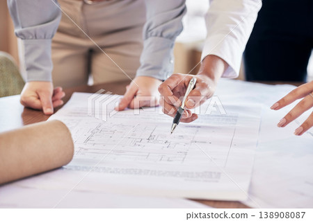 Team work, hands or architect drawing a blueprint or planning a real estate building or development in an office. Civil engineering, zoom or designers with vision of renovation or project management Team work, hands or architect drawing a blueprint or planning a real estate building or development in an office. Civil engineering, zoom or designers with vision of renovation or project management 138908087
