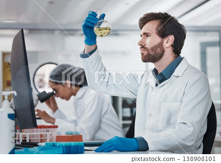 Science, man or scientist in laboratory with chemical liquid after chemistry research or scientific testing. Physics analysis, healthcare or medical doctor with acid solution for medicine development 138908101