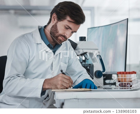 Science, man and writing notes in laboratory for research analysis, biotechnology test or review results. Data report, scientist and paperwork planning of solution, investigation and innovation ideas 138908103