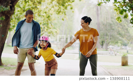 Parents, park and holding hands to rollerskate with girl child with care, learning and support. Interracial family, black man and woman with kid, smile and helping hand for skating on outdoor holiday 138908111