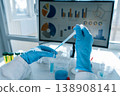 Closeup of laboratory research as a gloved hand uses a pipette to move blue liquid into a test tube. Digital graphs and scientific charts are visible on a screen, highlighting data analysis 138908141