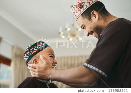 Happy, muslim and father with son in house for bonding, ramadan kareem and love. Support, Islamic celebration and religion with man and child in living room of family home for culture and care 138908221