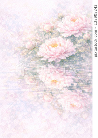 牡丹系列：水彩插畫，描繪了倒映在水面上的牡丹花。 138908242