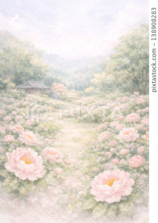 Peony Series: Watercolor illustrations depicting natural landscapes, such as a garden in bloom with peonies, seen from a distance. Peony Series: Watercolor illustrations depicting natural landscapes, such as a garden in bloom with peonies, seen from a distance. 138908283
