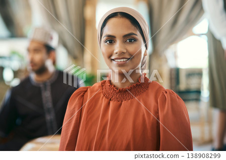 Home, portrait and Muslim woman with hijab for Ramadan, religion or social gathering for celebration. Islamic, faith and person with smile for Eid, culture and traditional clothes for event in house Home, portrait and Muslim woman with hijab for Ramadan, religion or social gathering for celebration. Islamic, faith and person with smile for Eid, culture and traditional clothes for event in house 138908299