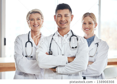Healthcare, hospital and portrait of doctors with smile for wellness, medical service and support. Collaboration, diversity and Asian doctor with clinic team for life insurance, trust and medicine 138908308
