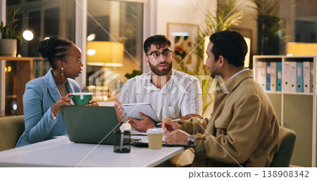 Night, brainstorming or people in agency with tablet, draft feedback or proposal of article idea. Collaboration, problem solving or journalist with tech, report planning or column insight in overtime 138908342