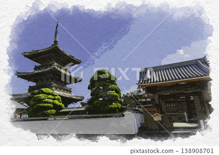 Watercolor-style painting of the three-story pagoda and main gate of Ryugenji Temple in Usuki, Oita Prefecture. Watercolor-style painting of the three-story pagoda and main gate of Ryugenji Temple in Usuki, Oita Prefecture. 138908701