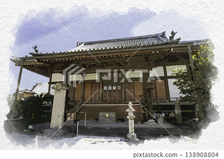 Watercolor-style painting of the main hall of Ryugenji Temple in Usuki, Oita Prefecture. 138908804