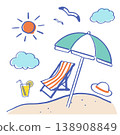 Hand-drawn summer-themed illustrations: beach umbrella, beach chair, sun. 138908849