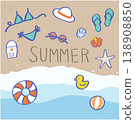Hand-drawn summer-themed illustrations: beach, ocean, sunglasses, bikini, flip-flops, starfish. 138908850
