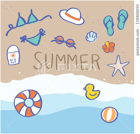 手繪夏季主題插圖:沙灘、海洋、太陽眼鏡、比基尼、人字拖、海星。 手繪夏季主題插圖:沙灘、海洋、太陽眼鏡、比基尼、人字拖、海星。 138908850
