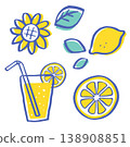 Hand-drawn summer-themed illustrations. Yellow. Sunflower, lemon, lemon soda. 138908851