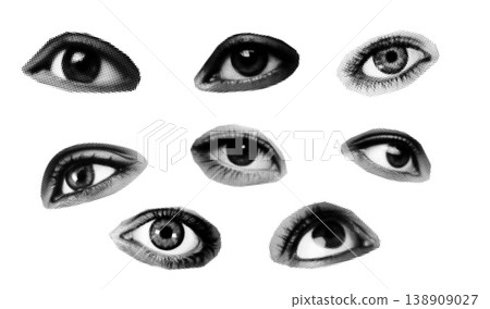 Open halftone retro and collage vintage eye with isolated graphic art. Cutout design illustration and element set vector with abstract pop sticker. Texture open grunge and face collage. 138909027