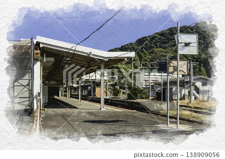 大分縣臼杵市臼杵車站月台的水彩畫 138909056