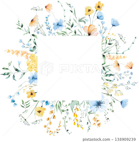 Square floral frame with light blue and yellow watercolor wildflowers, spring wedding illustration Square floral frame with light blue and yellow watercolor wildflowers, spring wedding illustration 138909239