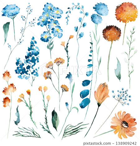 Watercolor burnt orange and cobalt blue wildflowers clipart, botanical wedding stationery set Watercolor burnt orange and cobalt blue wildflowers clipart, botanical wedding stationery set 138909242