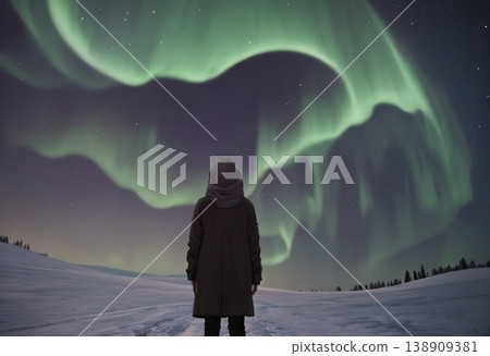 Alone in the snowy plains of Scandinavia, the aurora dances, illuminating the silent night sky. Alone in the snowy plains of Scandinavia, the aurora dances, illuminating the silent night sky. 138909381