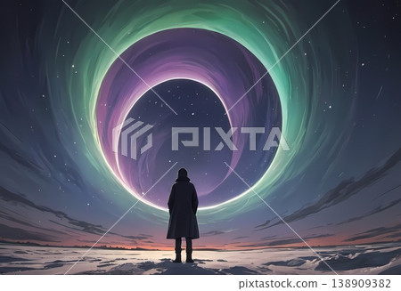 A ring of aurora dancing in a starry night. A moment to feel the mystery of the universe in the stillness of winter. A ring of aurora dancing in a starry night. A moment to feel the mystery of the universe in the stillness of winter. 138909382