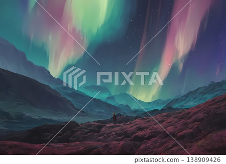 在絢麗的極光籠罩下，這片奇幻的景色與宇宙的神秘與寧靜完美融合。 138909426