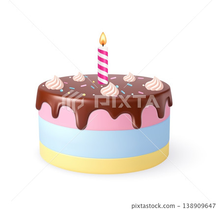 3d Birthday cake with candle chocolate drip icing 138909647