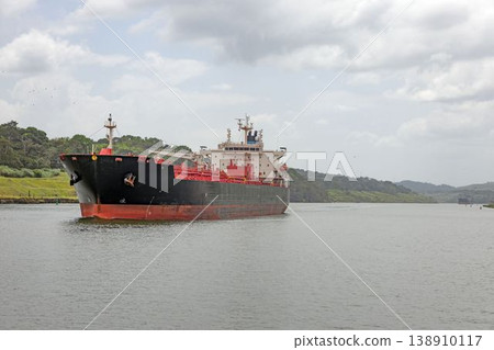 Oil tanker ship in Panama Canal waterway Oil tanker ship in Panama Canal waterway 138910117