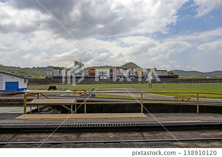 Container ship passing Panama Canal railway view Container ship passing Panama Canal railway view 138910120