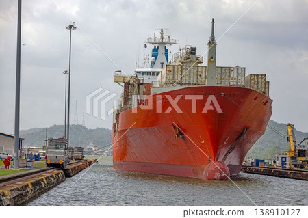 Close cargo ship bow inside Panama Canal lock Close cargo ship bow inside Panama Canal lock 138910127