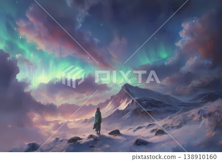 令人心醉神迷的北極光，孤獨的旅人凝視著無垠的宇宙，以及令人嘆為觀止的景色。 138910160