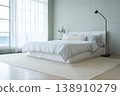 Stylish loft bedroom interior. Spacious design apartment with light walls large windows big bed. Clean modern decoration with elegant furniture in minimalist Scandinavian style 138910279