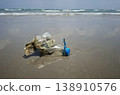 Ocean's Unwanted Guest: A weathered plastic bottle lies stranded on the sandy shore, a stark reminder of environmental pollution and the urgent need for conservation. 138910576