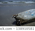 Ocean's Unwanted Guest: A weathered plastic bottle lies stranded on the sandy shore, a stark reminder of environmental pollution and the urgent need for conservation. 138910581