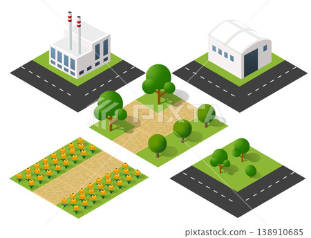 Isometric set of city tiles showing different areas of a town Isometric set of city tiles showing different areas of a town 138910685