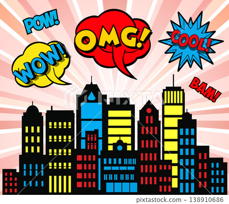 City skyline exploding with comic book style graphics City skyline exploding with comic book style graphics 138910686