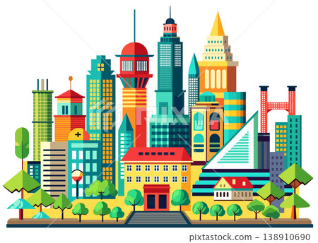 Landscape set of buildings silhouetted on white background. 138910690